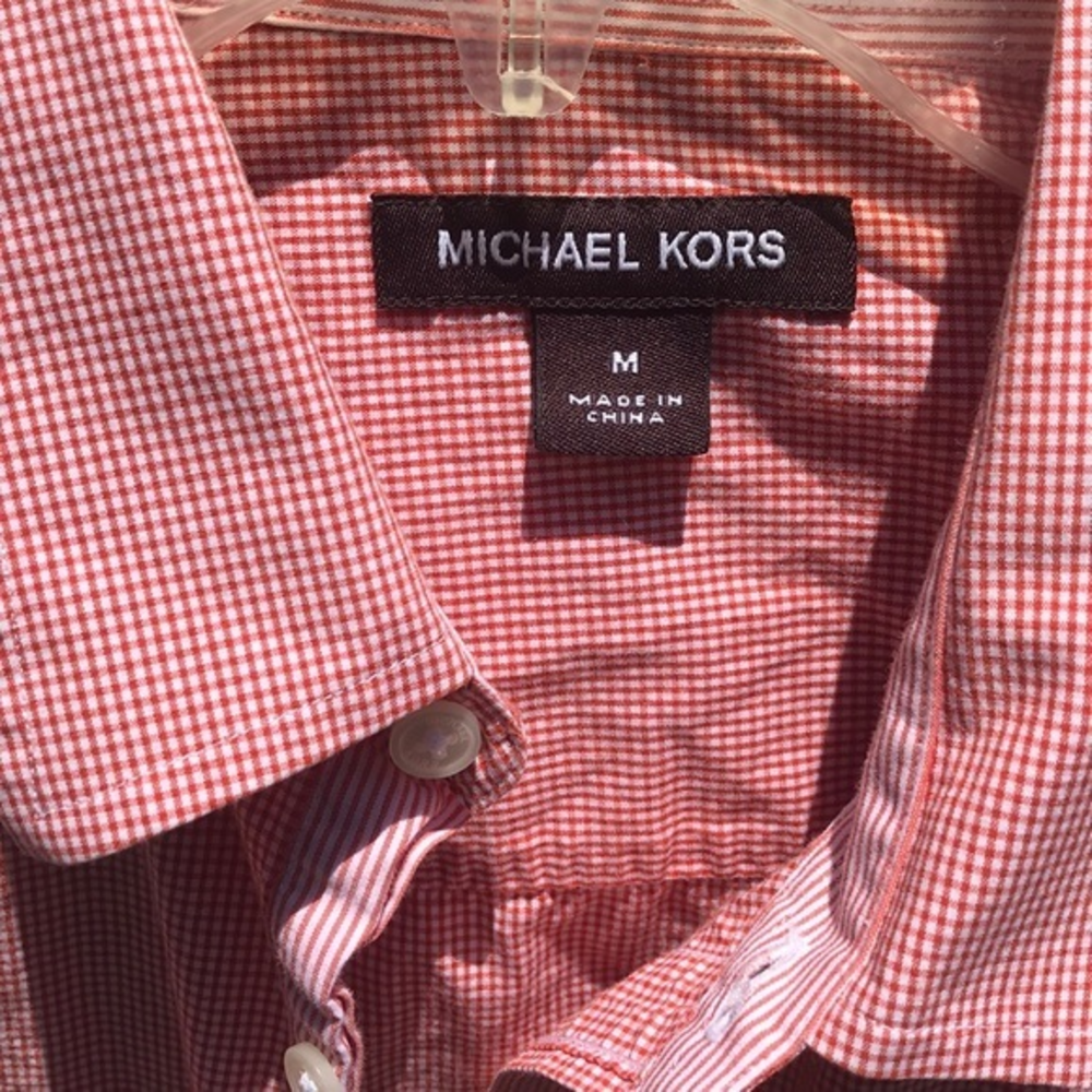 Michael Kors Red White Gingham Roll Tab Button Down Shirt M